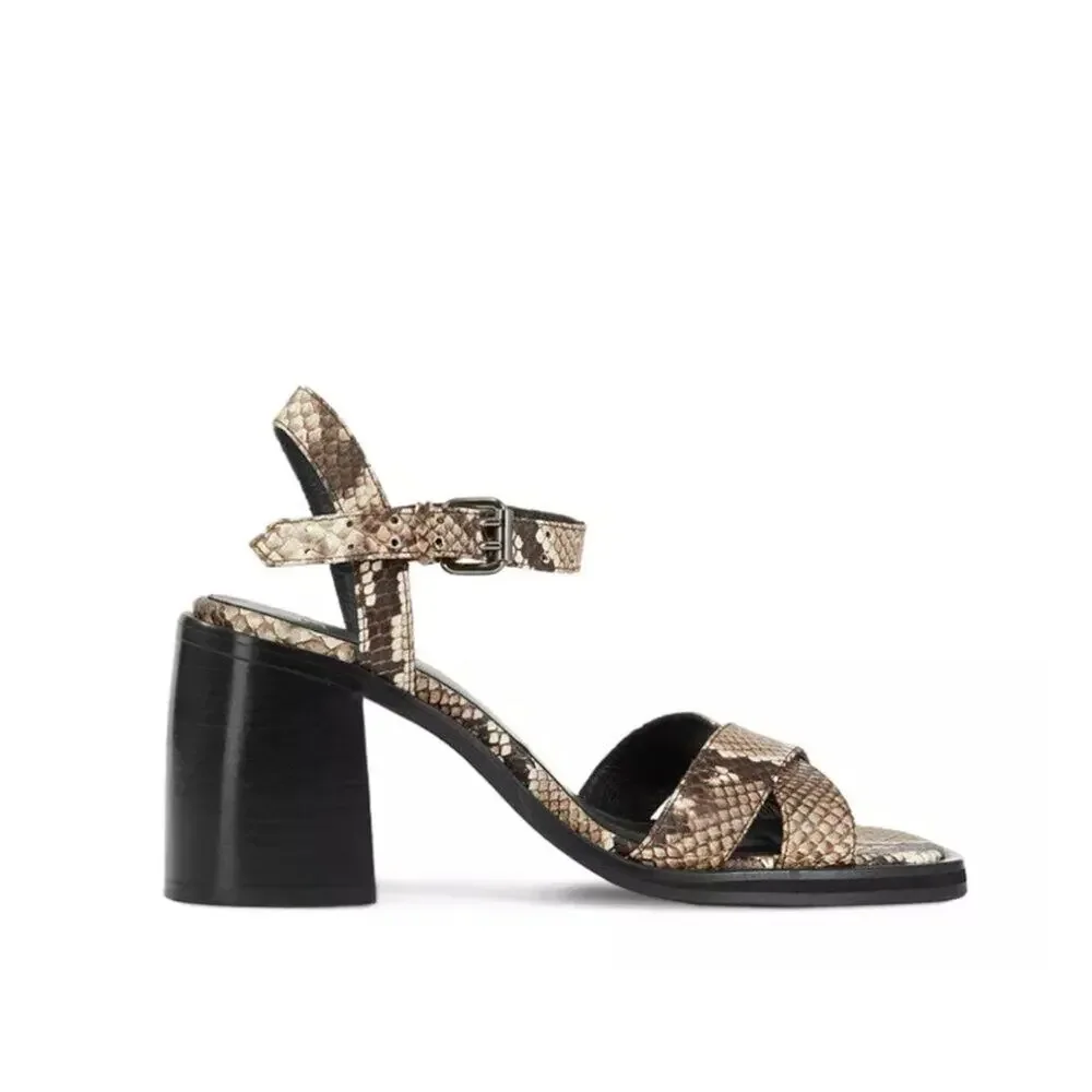 The Kooples Square Toe Python Effect Crossover Block Heel Sandals